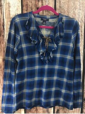 Denim Flannel Ruffled V Neck Pullover